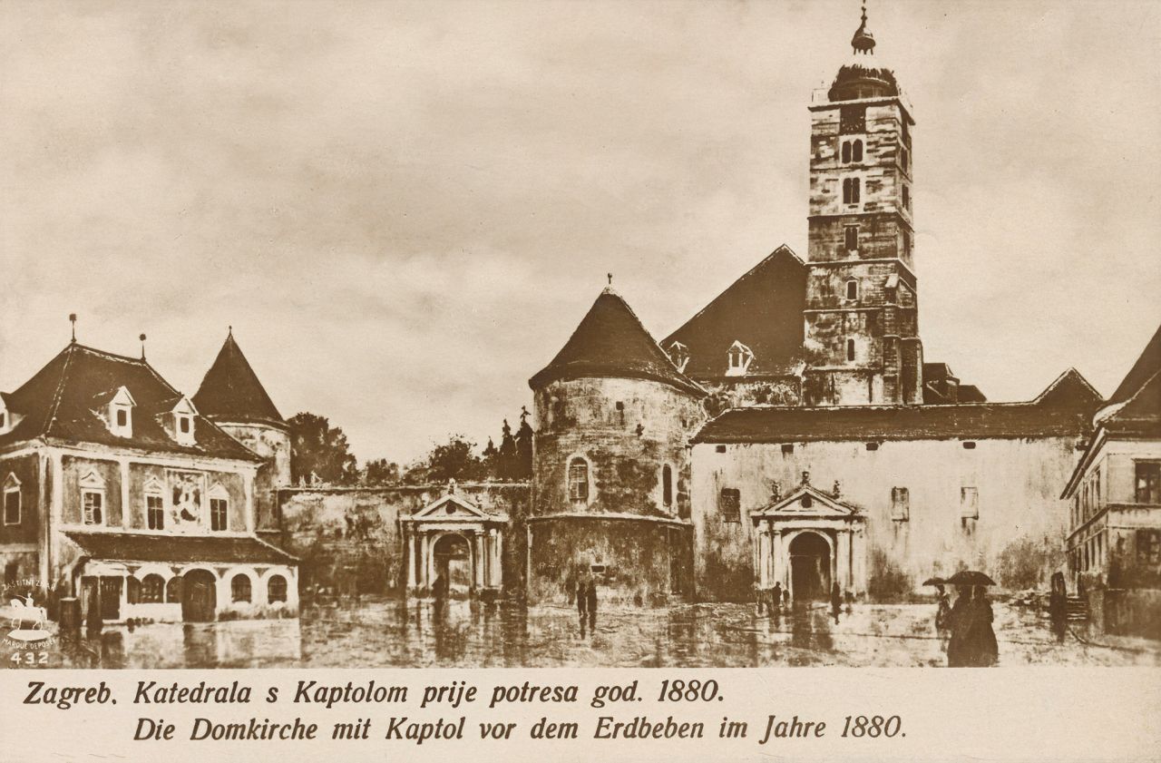 Katedrala, Kaptol, izgled prije potresa 1880. godine. S lijeve strane nalazi se Kaptolska vijećnica, srušena oko 1875. godine